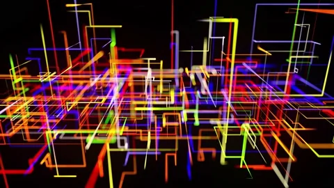 Motion graphics, sci fi bg with stream of multicolor neon glow lines form Stock Footage 138037515