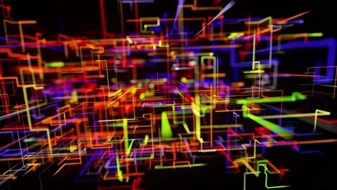 Motion graphics, sci fi bg with stream of multicolor neon glow lines form Stock Footage 138037663