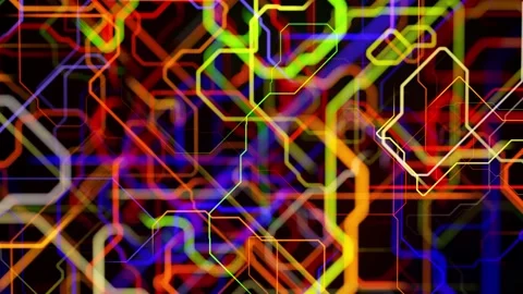 Motion graphics, sci fi bg with stream of multicolor neon glow lines form Stock Footage 138037748