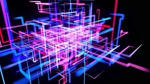 Motion graphics, sci-fi bg with flow of blue red neon glow lines form digital 3d Stock Footage 141677811