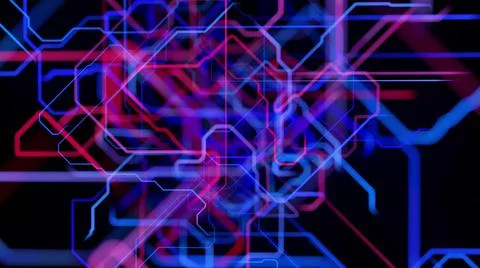 Motion graphics, sci-fi bg with flow of blue red neon glow lines form digital 3d Stockillustratie