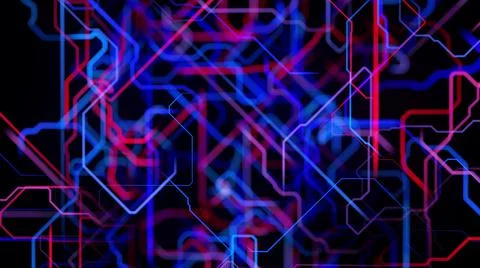 Motion graphics, sci-fi bg with flow of blue red neon glow lines form digital 3d Stock Illustration