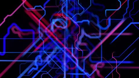 Motion graphics, sci-fi bg with flow of blue red neon glow lines form digital 3d Illustrazione stock