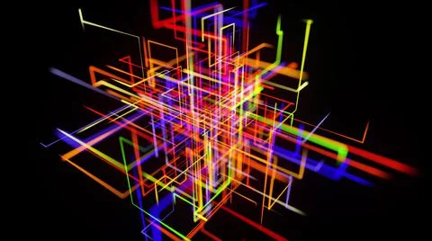 Motion graphics, sci fi bg with stream of multicolor neon glow lines form 스톡 일러스트