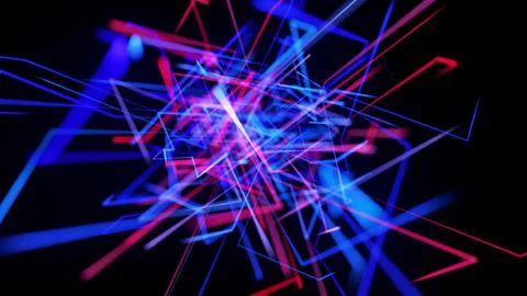 Motion graphics, sci-fi bg with flow of blue red neon glow lines form digital 3d Stock Illustration