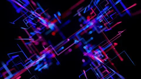 Motion graphics, sci-fi bg with flow of blue red neon glow lines form digital 3d Stock Illustration