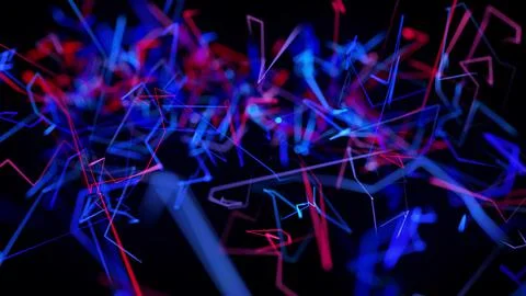 Motion graphics, sci-fi bg with flow of blue red neon glow lines form digital 3d Stock Illustration