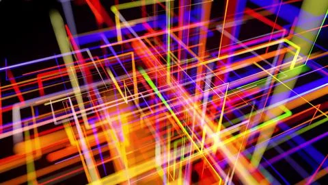 Motion graphics, sci fi bg with stream of multicolor neon glow lines form Illustrazione stock