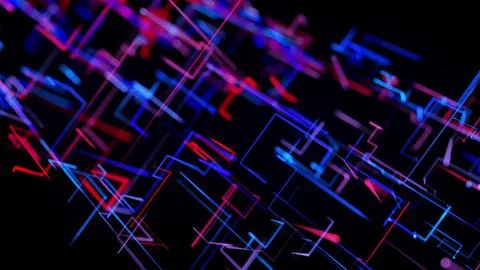Motion graphics, sci-fi bg with flow of blue red neon glow lines form digital 3d Stock Illustration
