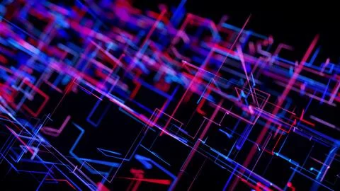 Motion graphics, sci-fi bg with flow of blue red neon glow lines form digital 3d Stock Illustration