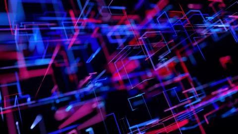 Motion graphics, sci-fi bg with flow of blue red neon glow lines form digital 3d Stock Illustration