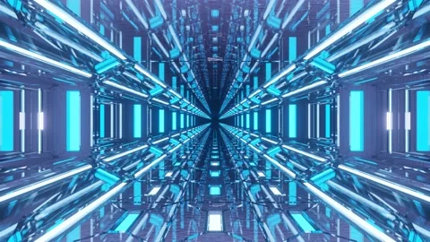 Motion graphics sci fi: futuristic glassy straight long tunnel of neon teal Stock Footage 132393763