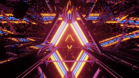 Motion graphics sci fi tunnel: rhombus and triangle tunnel designs, orange Stock Footage 129936506