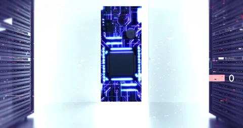 Motion graphics of server room transitioning to glowing AI microchip. Stock Footage 332272914
