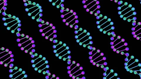 Motion graphics of a spinning binary DNA molecule on a dark background. For Video stock 115321019