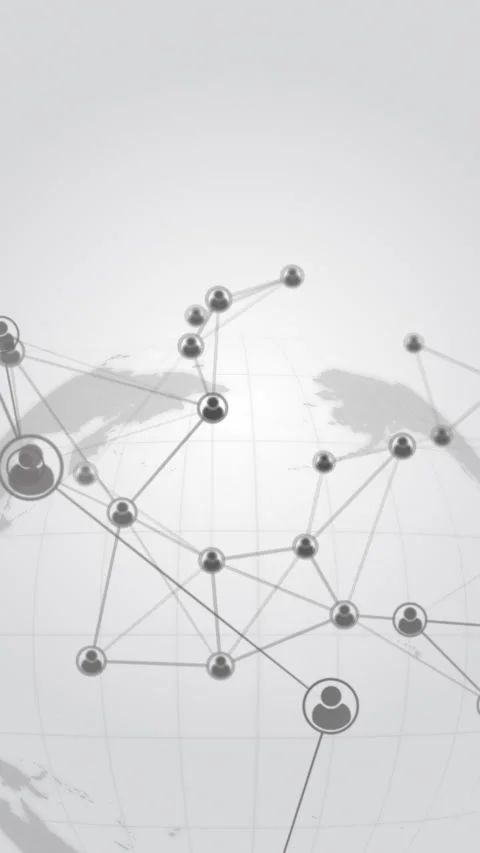 Motion of gray round internet user icons connected by lines on a rotating globe Stock Footage 308522420
