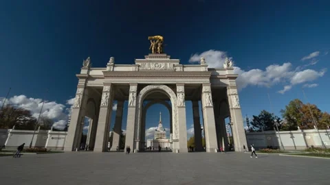 Motion hyperlapse Soviet union Moscow Russia main VDNKh Park Triumphal Arch city Video stock 156387321