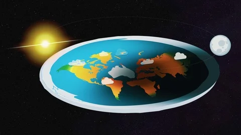 Motion illustration of a flat Earth floating in space, while sun and mood are Stock Footage 124100086