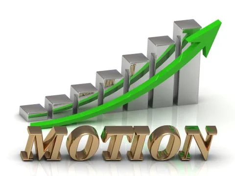 MOTION- inscription of gold letters and Graphic growth and gold arrows on whi Illustrazione stock