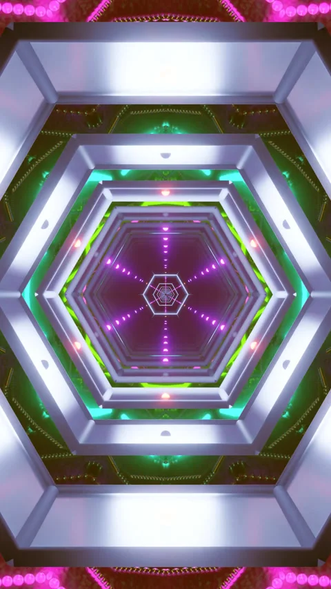 Motion loop of a tunnel moving through a vibrant hexagonal passage with col.. Stock Footage 322773704
