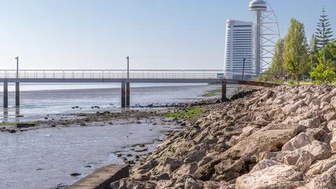 Motion from the low to high tide next to Vasco da Gama Bridge in Parque das N Stock Photos