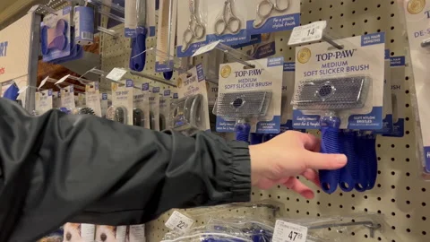 The motion of man buying brush for cat inside Petsmart store Video stock 194065205