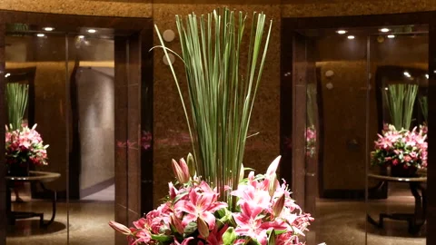 Motion of man pressing button on wall before taking elevator inside mall Stockbeeldmateriaal 95962315