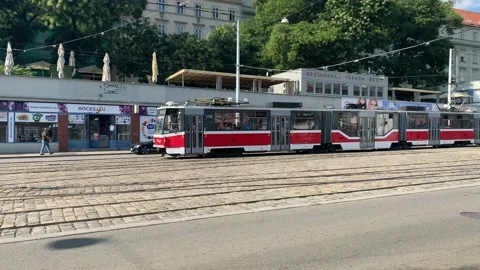 Motion of old Czech tramway, cable car at Brno city centre. Brno, Czech Republic Stock Footage 205201168
