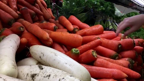 Motion of people selecting carrot inside T&amp;T supermarket produce department 스톡 동영상 72548565