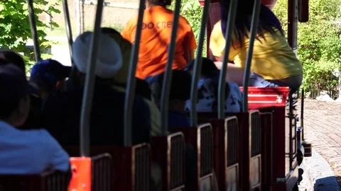 Motion of people taking tour train inside for sightseeing Vancouver zoo Video stock 83929742