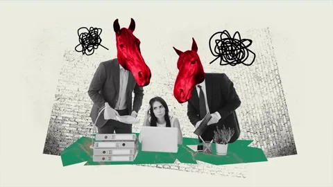 Motion pop art collage video of puzzled girl sit workplace horse head tension Stock-Footage 310671748