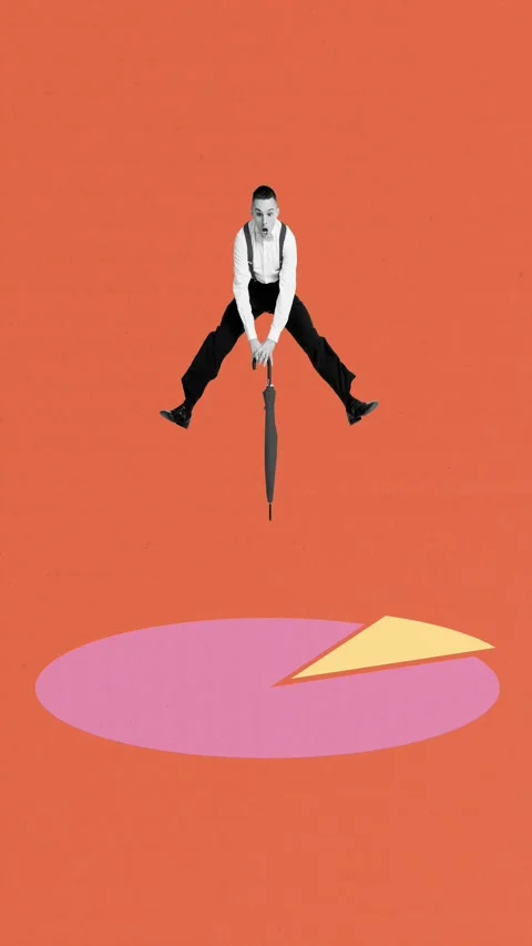 Motion pop art collage video of happy businessman stand umbrella diagram Stock Footage 312316548