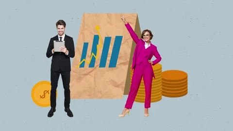 Motion pop trend collage video of two happy man girl partners arrow coin profit Stock Footage 312316647