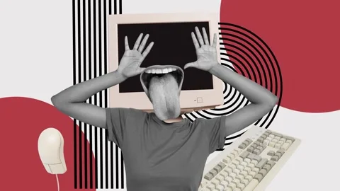 Motion poster art collage video of anonym girl instead head pc monitor Stock Footage 301629671