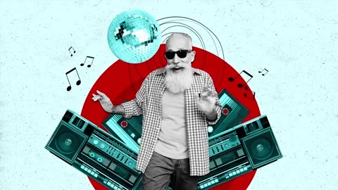 Motion poster art collage video of happy old man hipster dance disco Stock-Footage 301631755