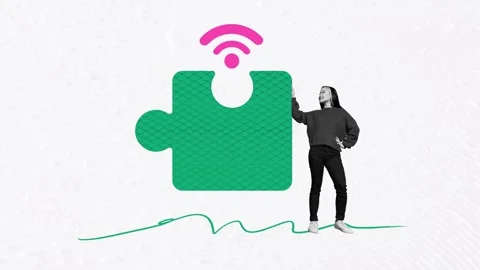 Motion poster art collage video of happy businesswoman stand puzzle wifi idea Stock Footage 312316437
