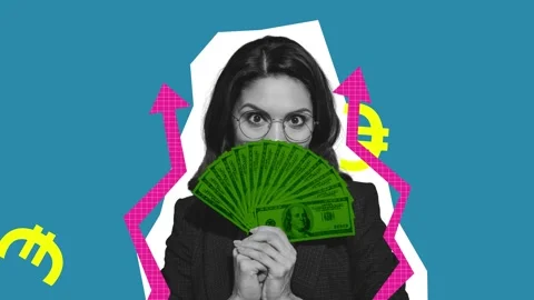 Motion poster trend art collage video of happy businesswoman hold money arrow Stock Footage 309511127
