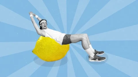 Motion poster trend art collage video of happy sportsman stand lemon do abs Stock Footage 310671389