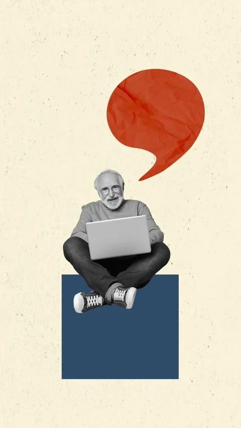 Motion poster trend art collage video of happy old man hold laptop bubble sms Stock Footage 310671462