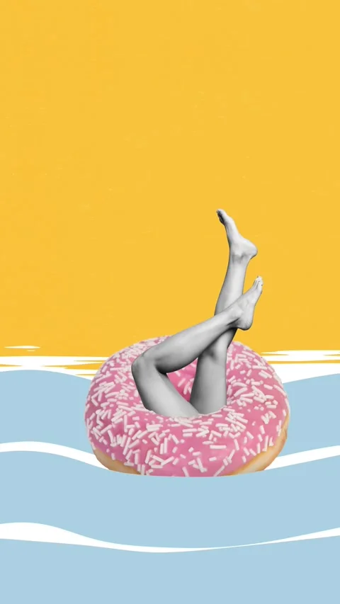 Motion poster trend art collage video of female legs swim lifebuoy donut sea 스톡 동영상 310671464