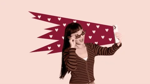 Motion poster trend art collage video of happy girl hold phone smm heart blog Stock Footage 311503772