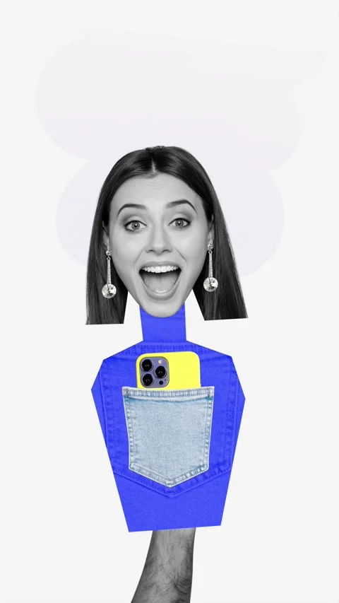 Motion poster trend collage video of happy puppet girl hold phone camera shoot Stock Footage 304501317