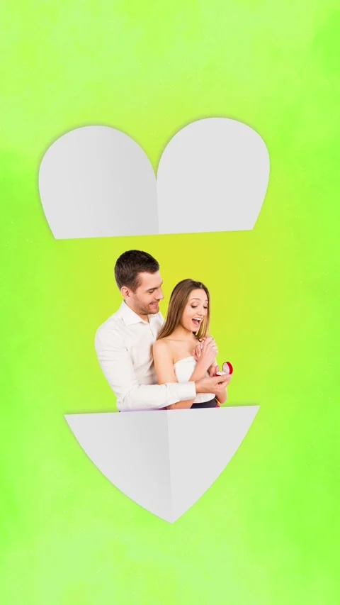 Motion poster trend collage video of two happy girl guy proposal heart feelings Stock Footage 305447115