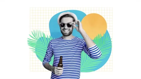 Motion poster trend collage video of happy sailor man hold beer summer vacation Stock-Footage 309510622