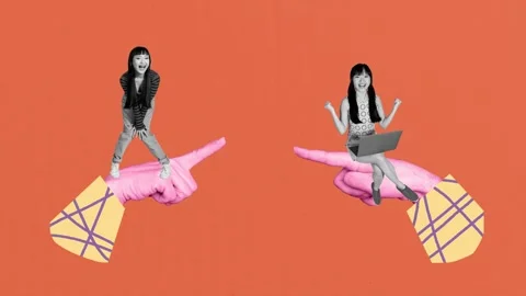 Motion poster trend collage video of two happy girls partners hold laptop dollar Stock Footage 311503770