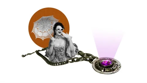 Motion poster trend collage video of happy duchess girl hold umbrella necklace Video stock 312316629