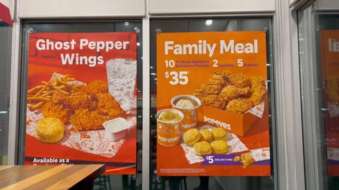 The motion of poster on windows inside Popeyes chicken restaurant Video stock 236464093