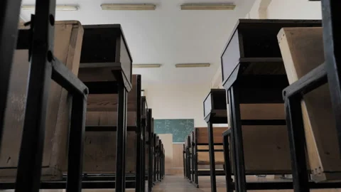 Motion To The Right Showing Empty Classroom, Auditorium With Wooden Desks Stock Footage 141592968