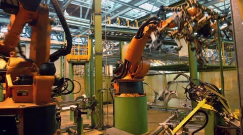 Motion of robotics which weld car components at factory workshop Video stock 24814531