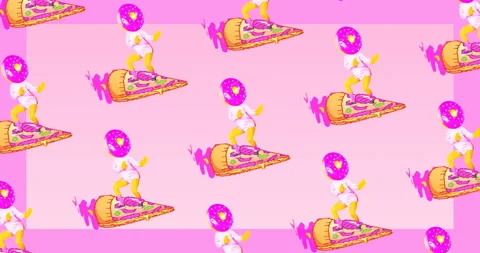 Motion seamless pattern design. Donut Girl surf at pizza. Fast food fun art Stock-Footage 100703113